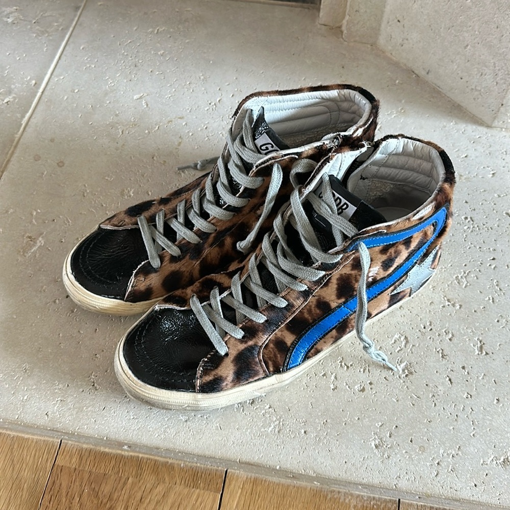 golden goose high tops — cheetah with blue detail. size 39.